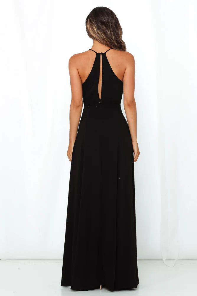 Black Halter Neck Backless Slit Maxi Evening Dresses