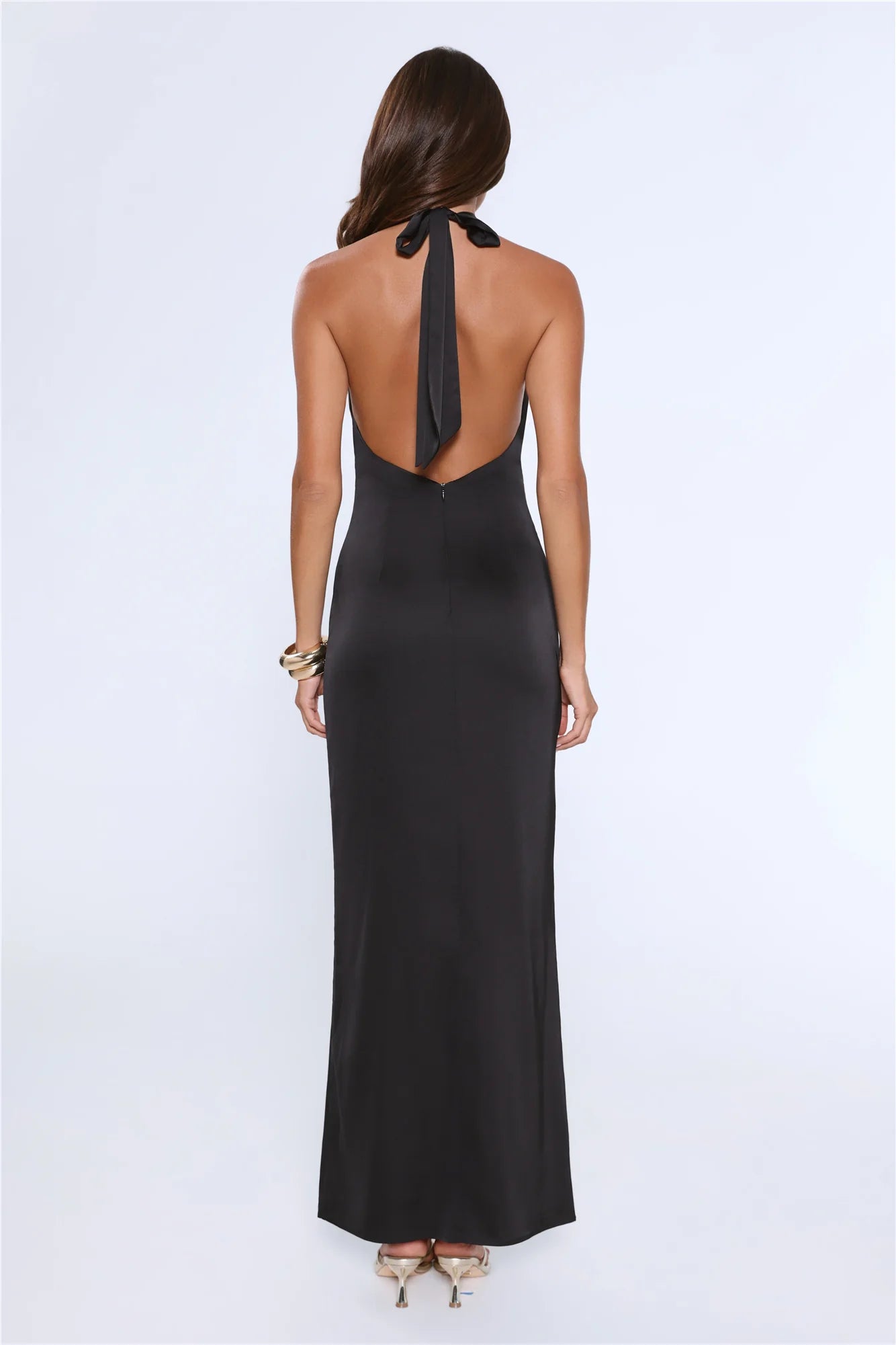 Black Halter Neck Cross-Over Satin Backless Maxi Evening Dresses
