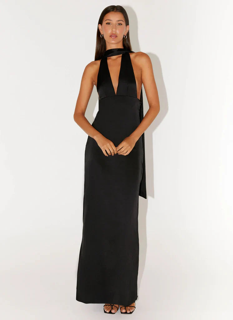 Black Halter Neck Deep V Backless Satin Maxi Evening Dress For Elegant Formal Evening Events
