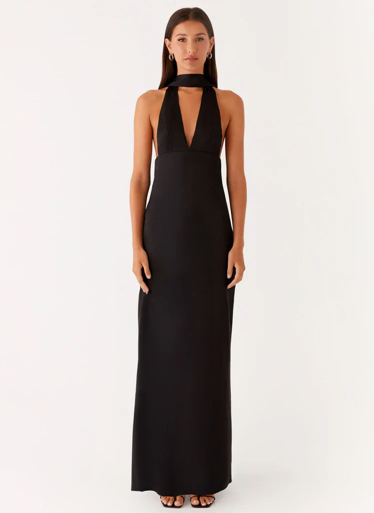 Black Halter Neck Deep V Backless Satin Maxi Evening Dress For Elegant Formal Evening Events