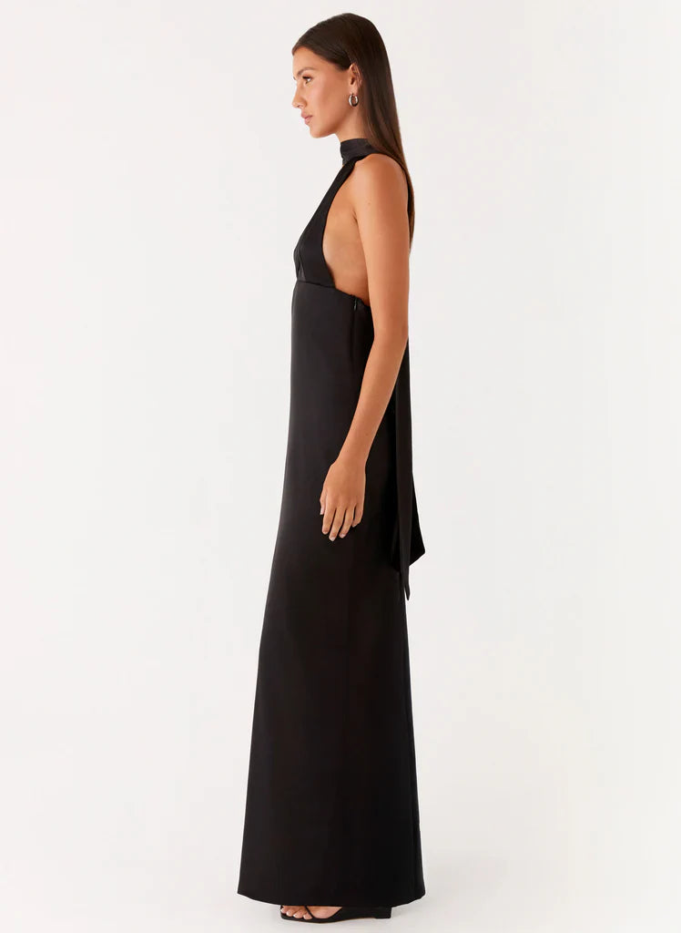 Black Halter Neck Deep V Backless Satin Maxi Evening Dress For Elegant Formal Evening Events