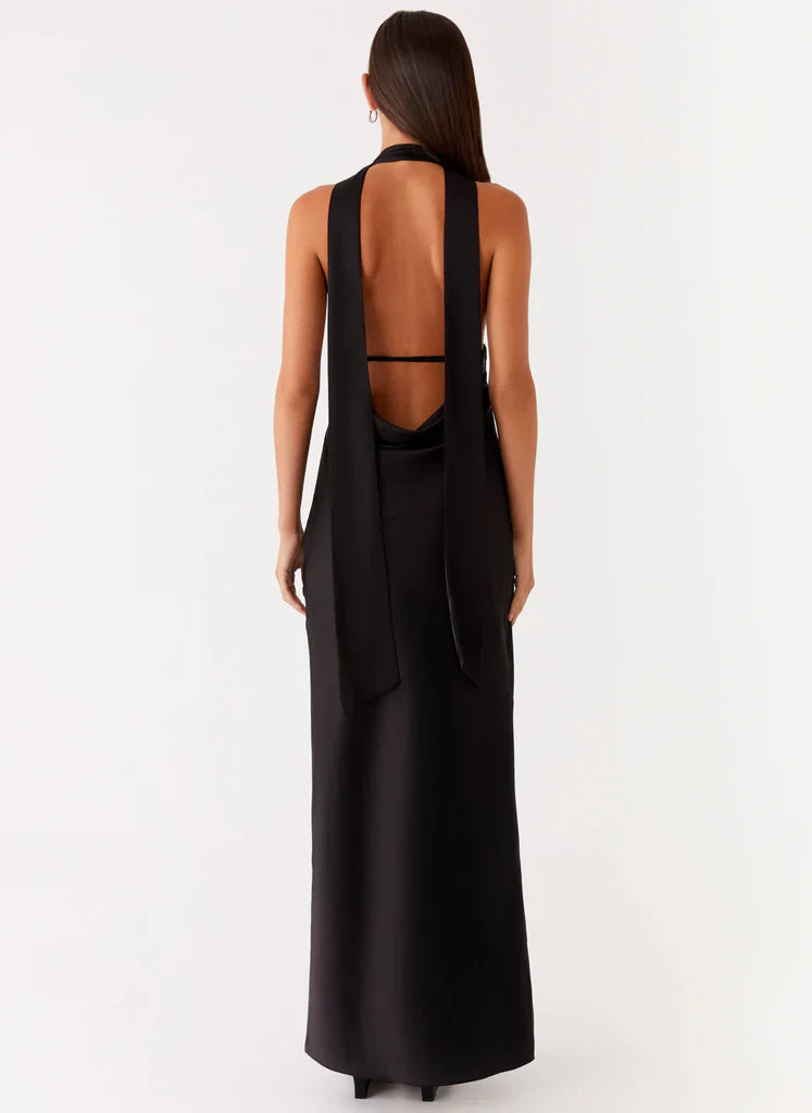 Black Halter Neck Deep V Backless Satin Maxi Evening Dress For Elegant Formal Evening Events