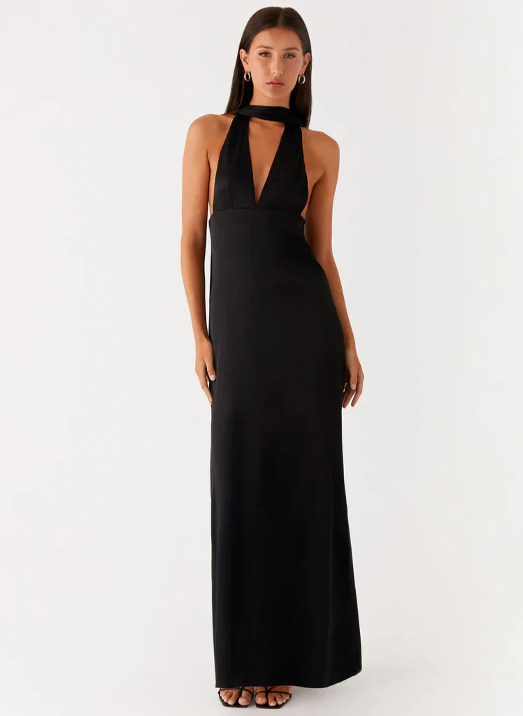 Black Halter Neck Deep V Backless Satin Maxi Evening Dress For Elegant Formal Evening Events