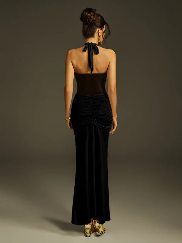 Black Halter Neck Mesh Cutout Ruched Mermaid Evening Dresses