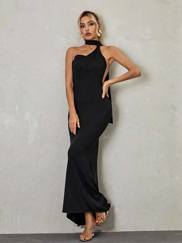 Black Halter Neck Open-Back Ruched Mermaid Evening Dresses