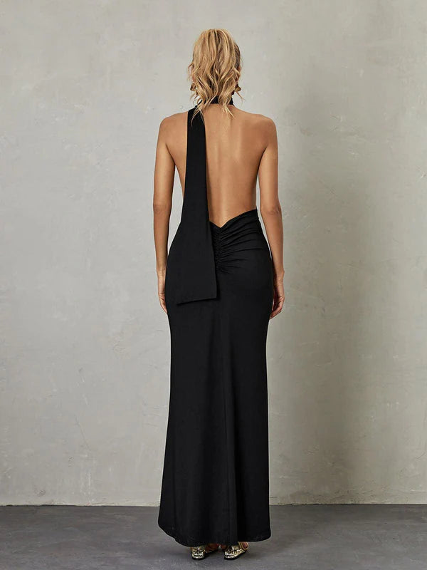 Black Halter Neck Open-Back Ruched Mermaid Evening Dresses