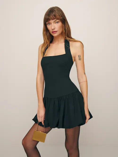 Black Halter Neck Open Back Bubble Hem Mini Prom Dress