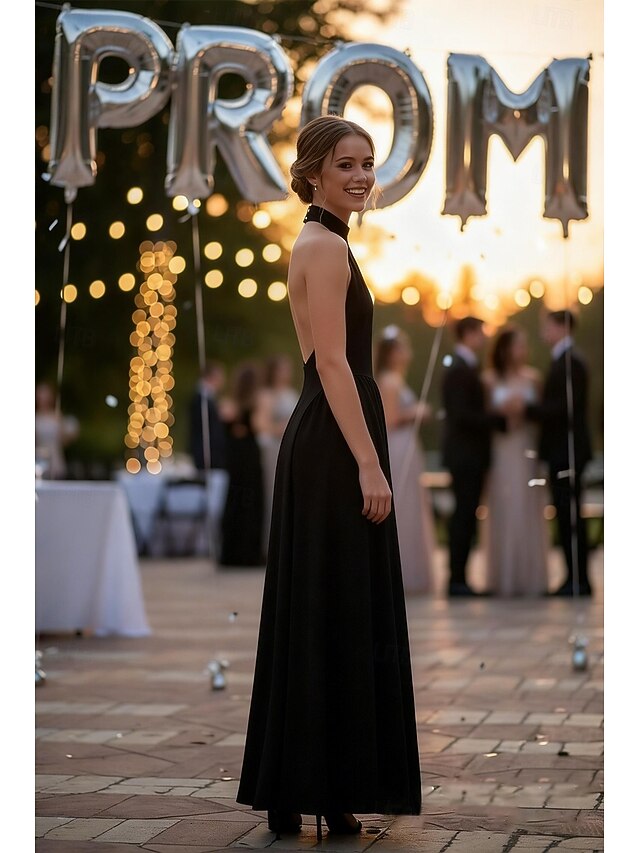 Black Halter Neck Open Back Maxi Prom Evening Dresses with Choker Detail