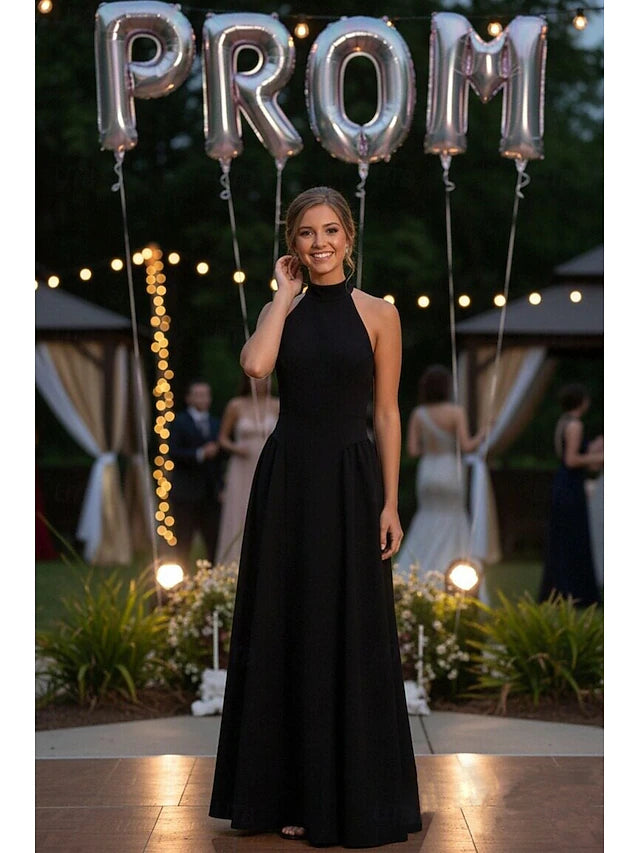 Black Halter Neck Open Back Maxi Prom Evening Dresses with Choker Detail