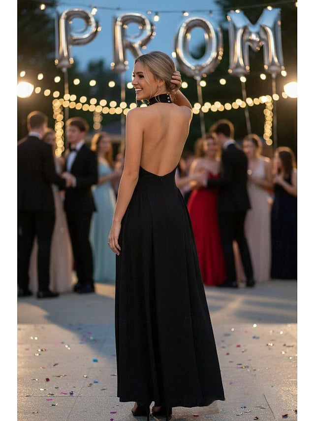 Black Halter Neck Open Back Maxi Prom Evening Dresses with Choker Detail