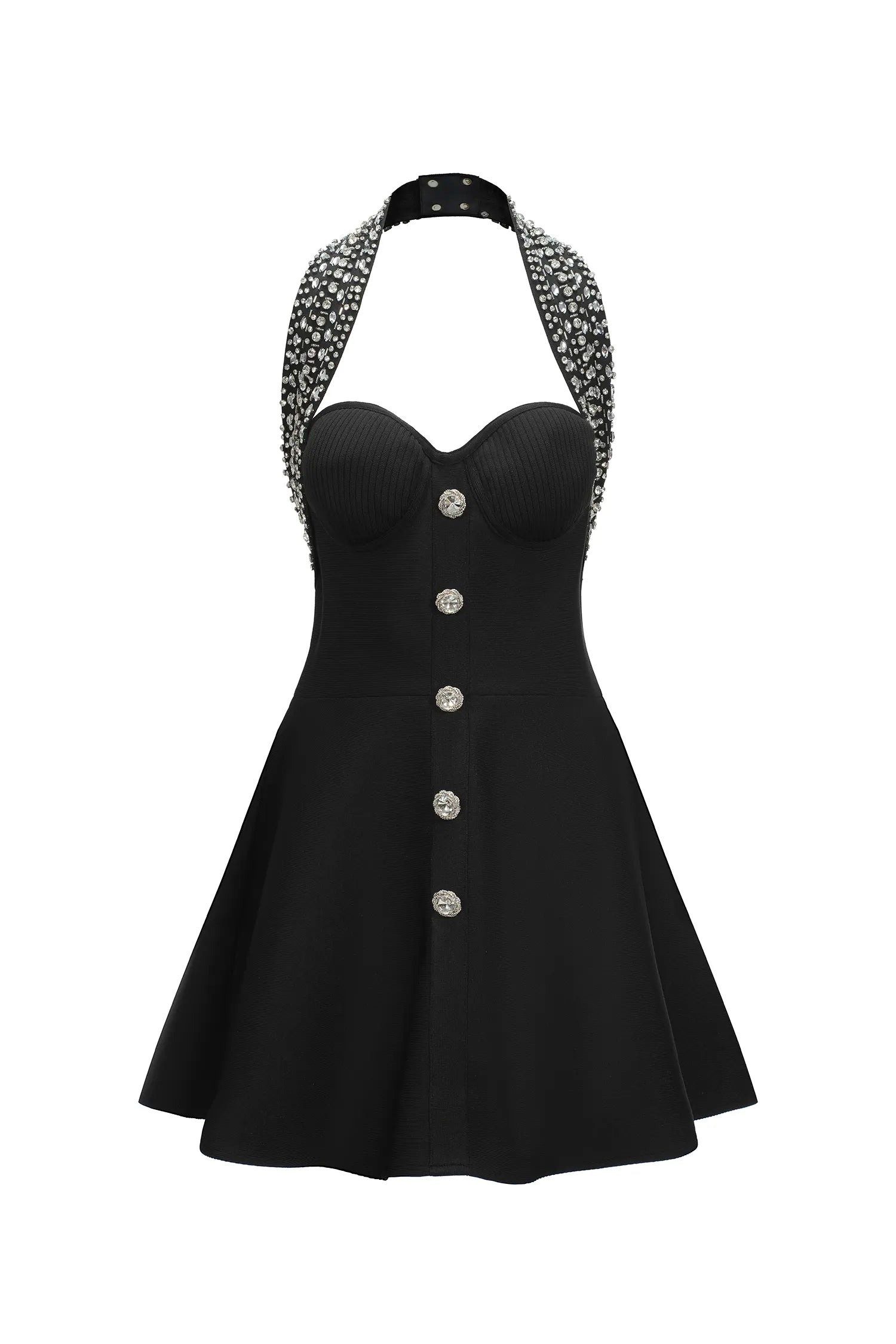 Black Halter Neck Rhinestone Embellished Button Detail A-Line Mini Evening Dresses