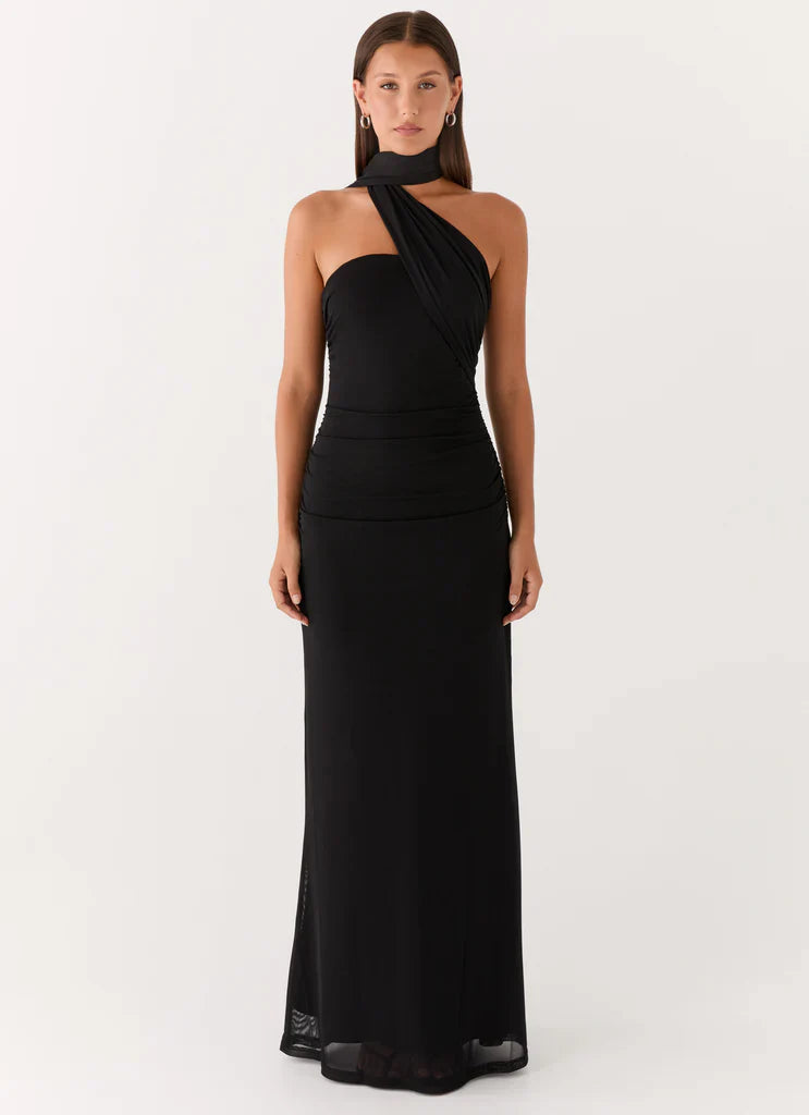 Black Halter Neck Ruched Backless Mesh Maxi Prom Dress For Glam Formal Evening Events