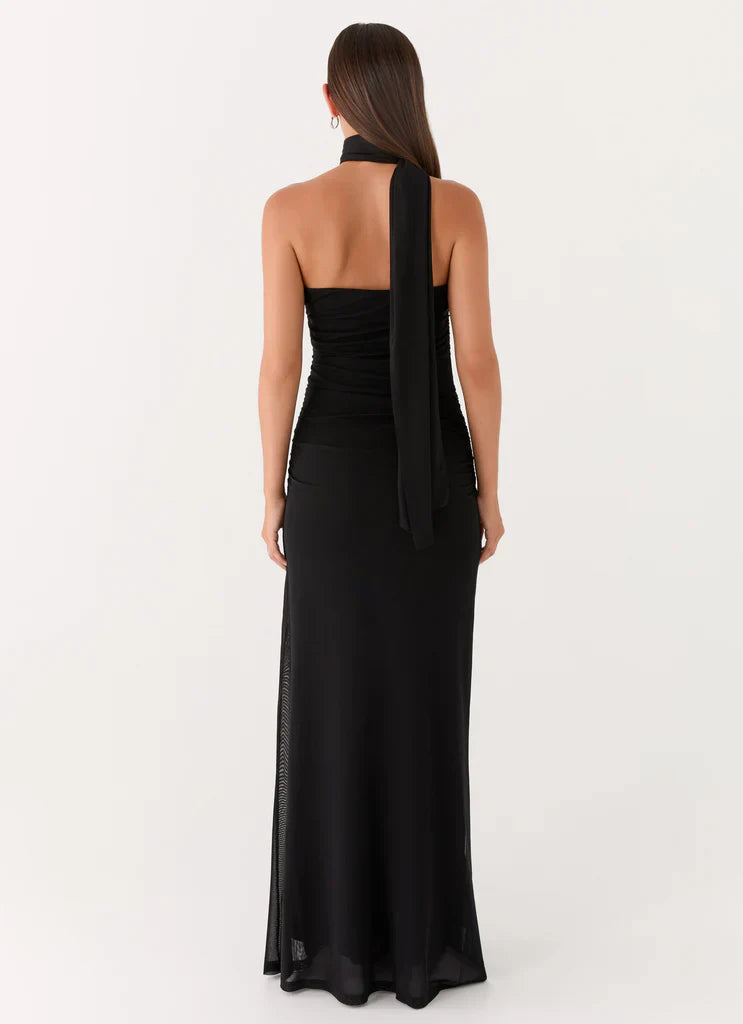 Black Halter Neck Ruched Backless Mesh Maxi Prom Dress For Glam Formal Evening Events