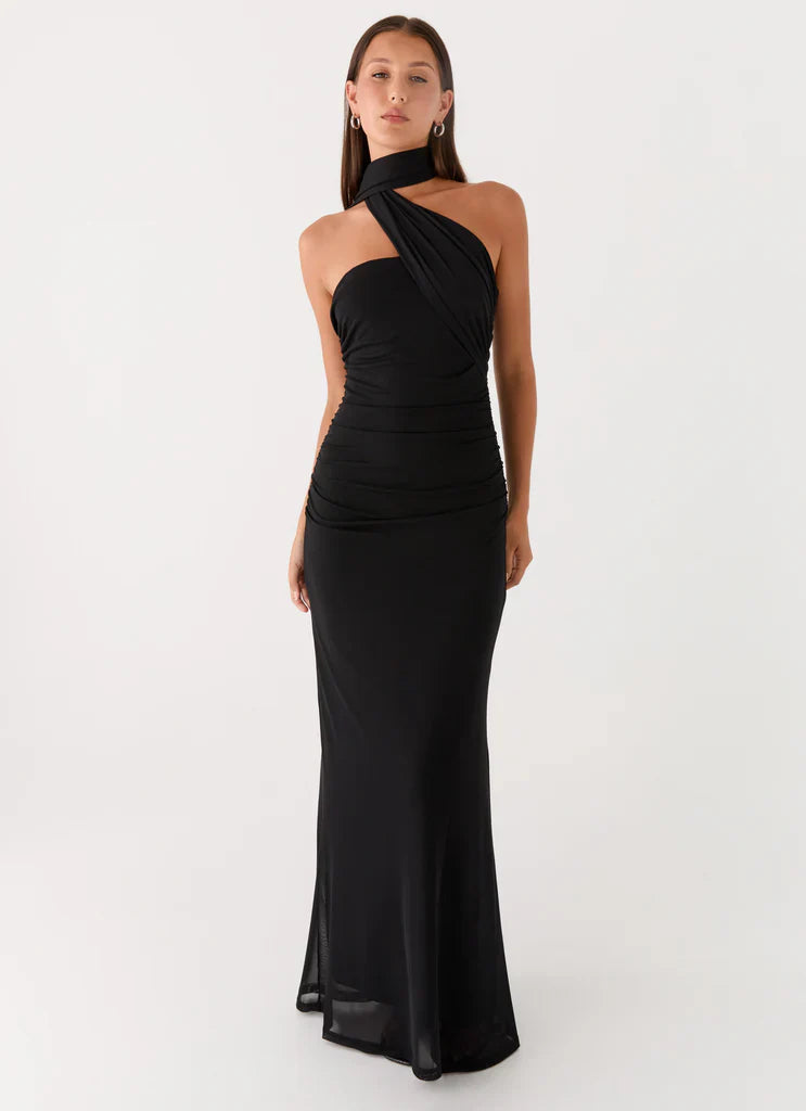 Black Halter Neck Ruched Backless Mesh Maxi Prom Dress For Glam Formal Evening Events