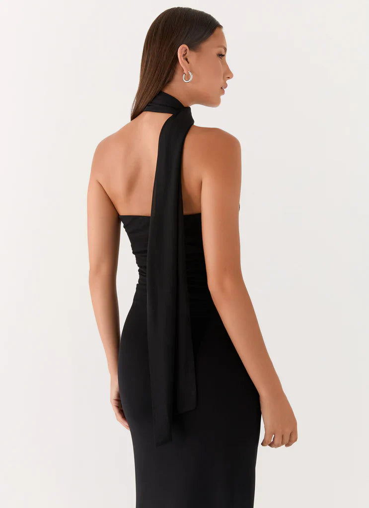 Black Halter Neck Ruched Backless Mesh Maxi Prom Dress For Glam Formal Evening Events