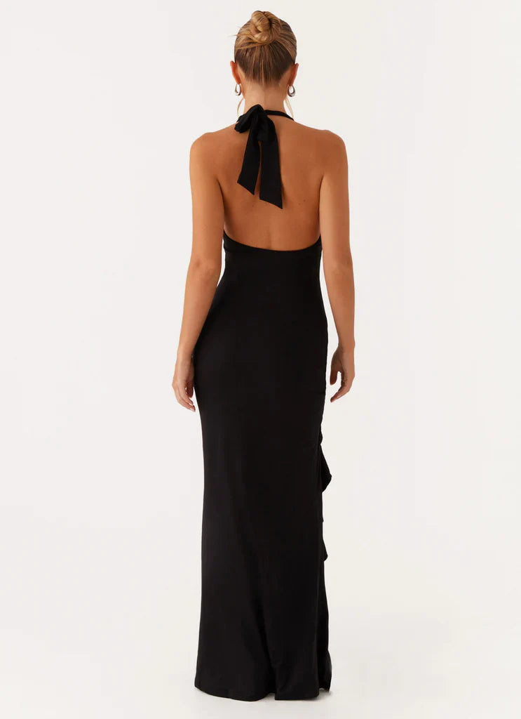 Black Halter Neck Ruched Ruffle Maxi Prom Dress For Elegant Formal Evening Events