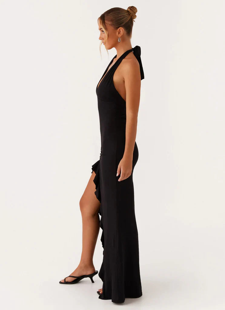Black Halter Neck Ruched Ruffle Maxi Prom Dress For Elegant Formal Evening Events