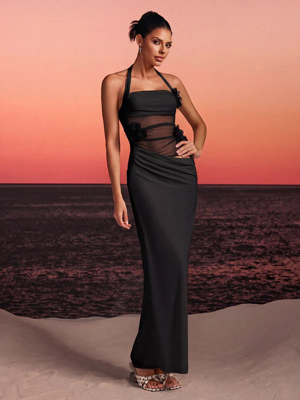 Black Halter Neck Sheer Mesh Floral Appliqué Cutout Midi Evening Dresses