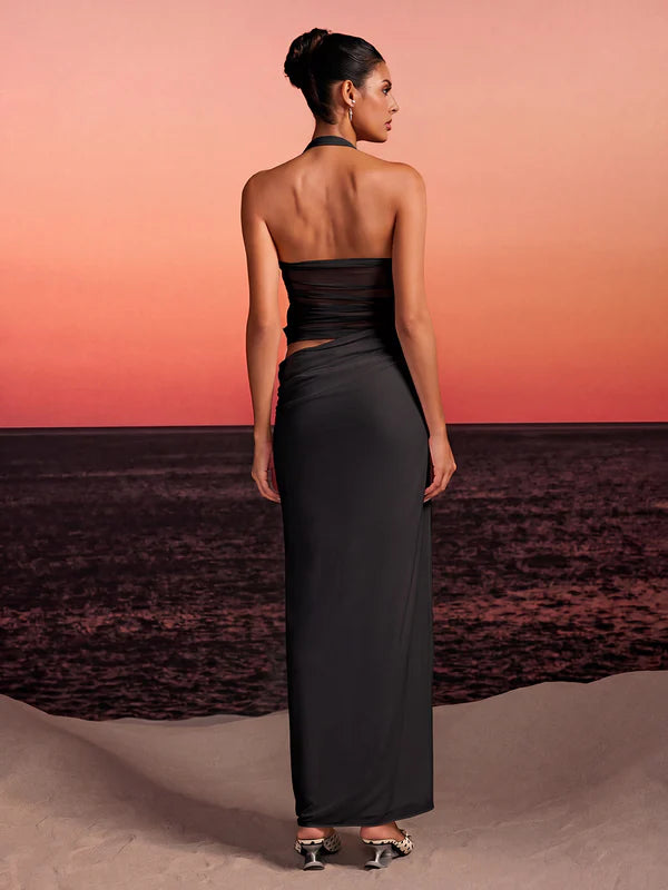 Black Halter Neck Sheer Mesh Floral Appliqué Cutout Midi Evening Dresses
