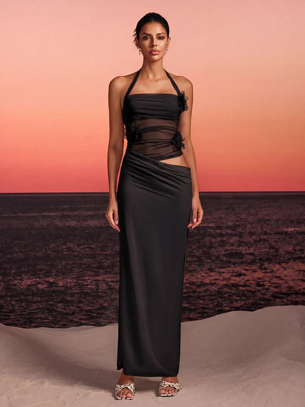 Black Halter Neck Sheer Mesh Floral Appliqué Cutout Midi Evening Dresses