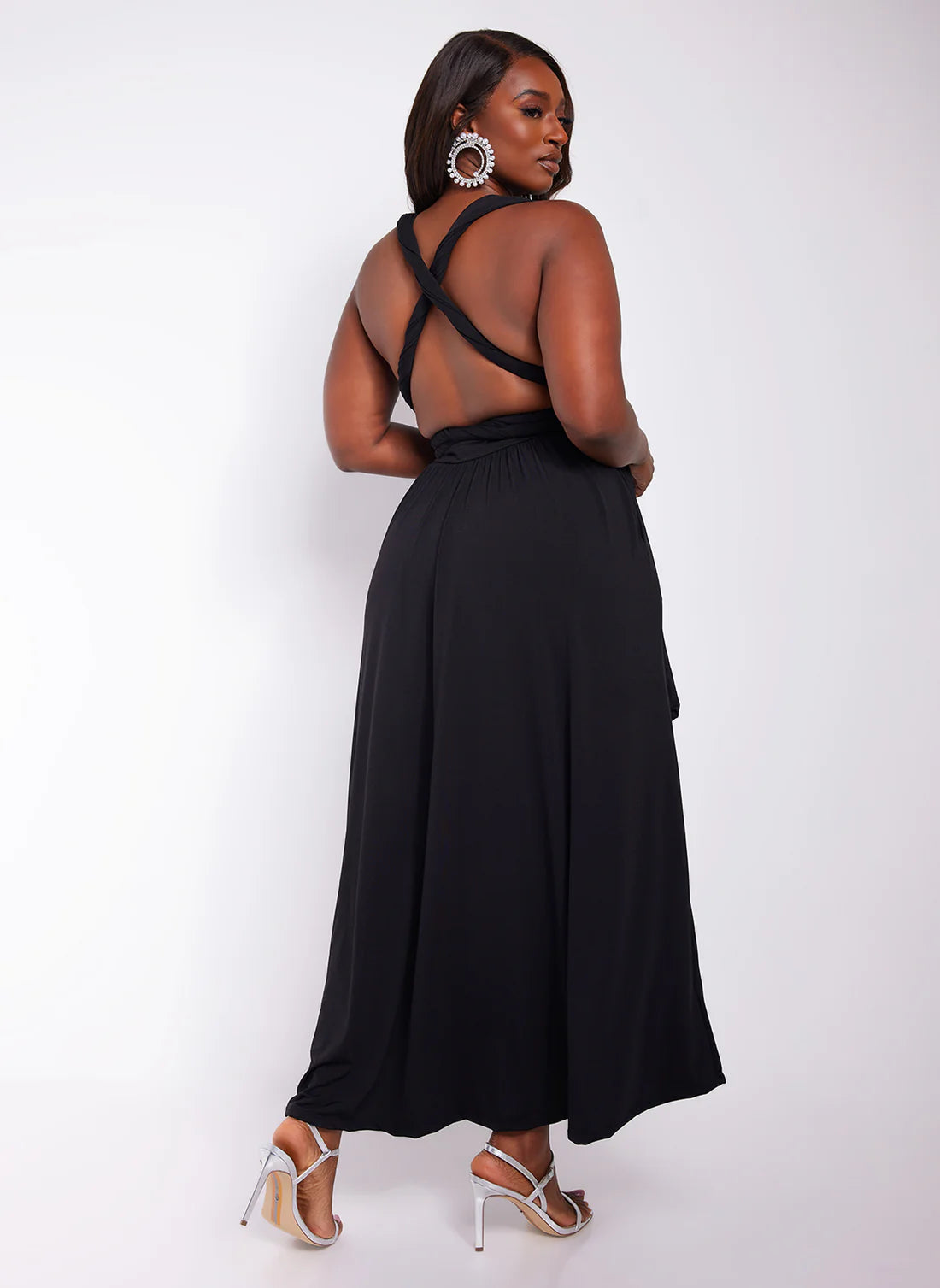 Black Halter V-Neck Crisscross Back Pocket Maxi Evening Dresses