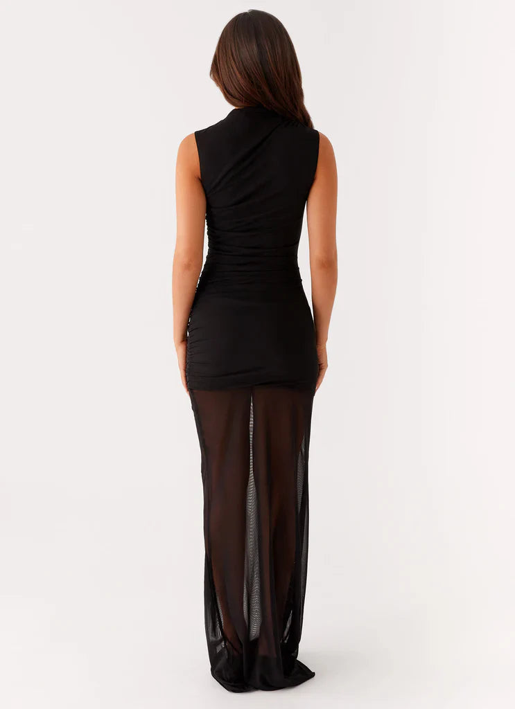 Black High Neck Ruched Sheer Mesh Maxi Dress For Elegant Formal Party Events