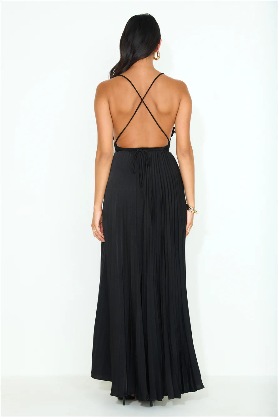 Black Lace Applique Backless Pleated Evening Dresses