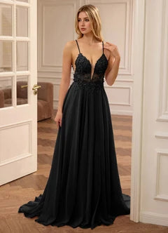 Black Lace Applique Spaghetti Strap A-Line Evening Dresses