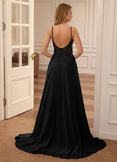 Black Lace Applique Spaghetti Strap A-Line Evening Dresses