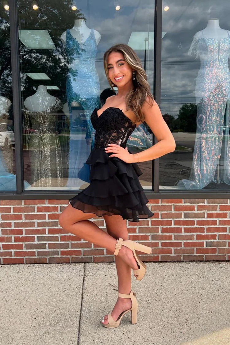 Black Lace Corset Ruffle Hem Strapless Mini Evening Dresses
