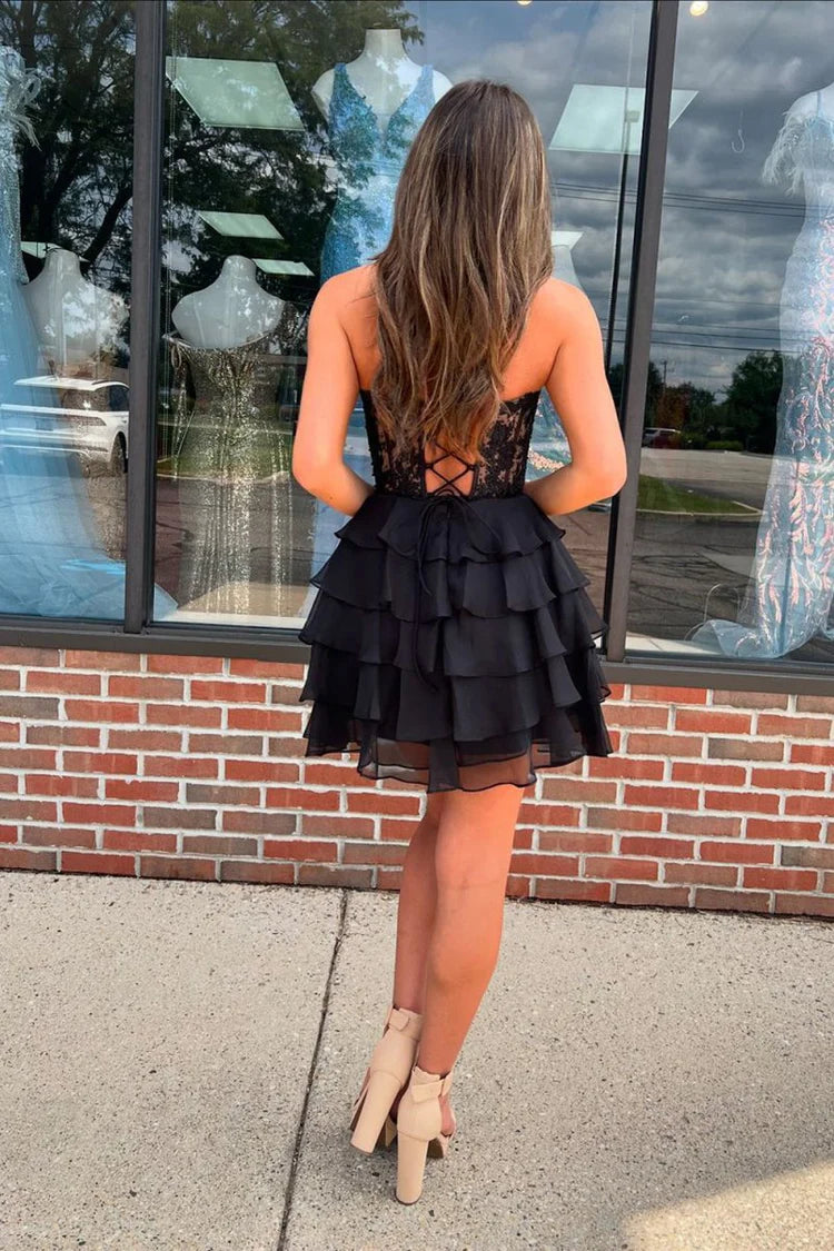 Black Lace Corset Ruffle Hem Strapless Mini Evening Dresses