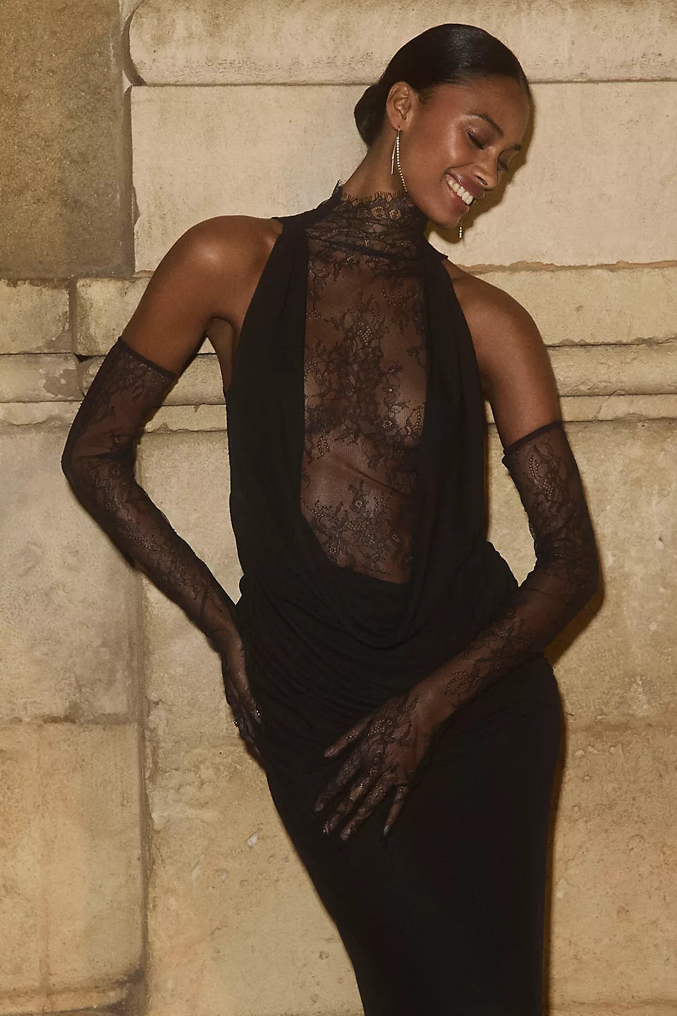 Black Lace Halter Neck Maxi Evening Dresses with Sheer Panel & Gloves