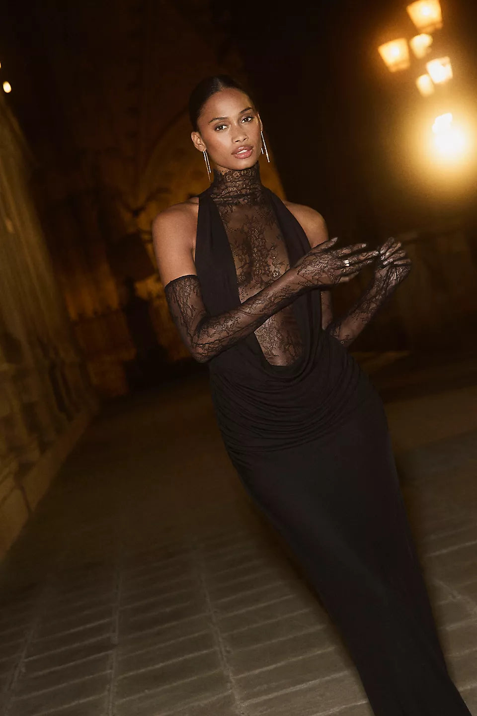 Black Lace Halter Neck Maxi Evening Dresses with Sheer Panel & Gloves