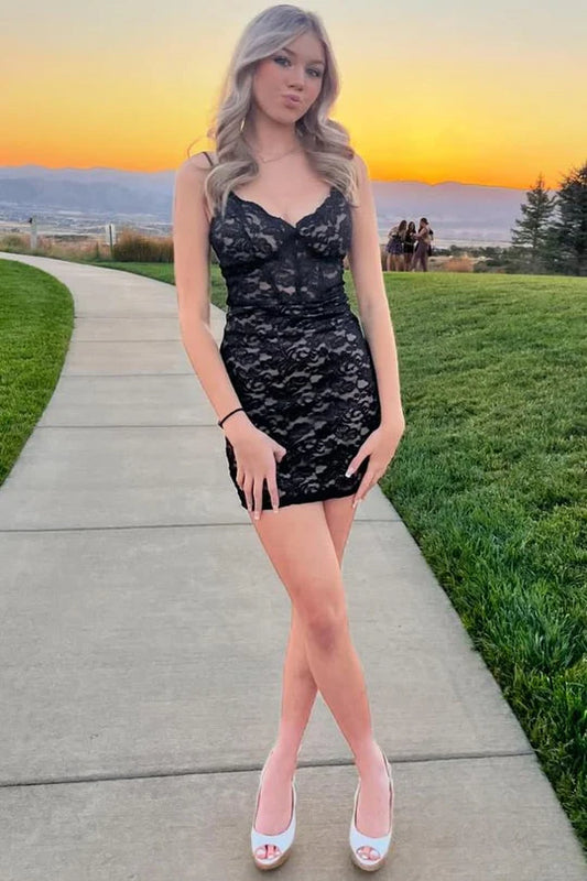 Black Lace Spaghetti Straps V-Neck Bodycon Sleeveless Homecoming Dress