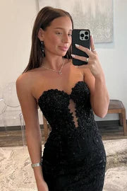 Black Lace Strapless Mermaid Prom Dress with Keyhole Cutout