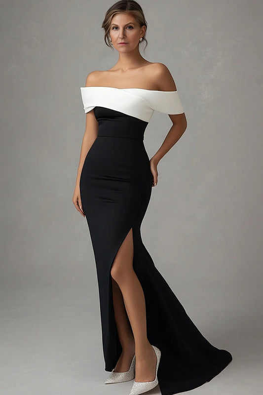 Black Mermaid Off The Shoulder Long Formal Dress with Slit