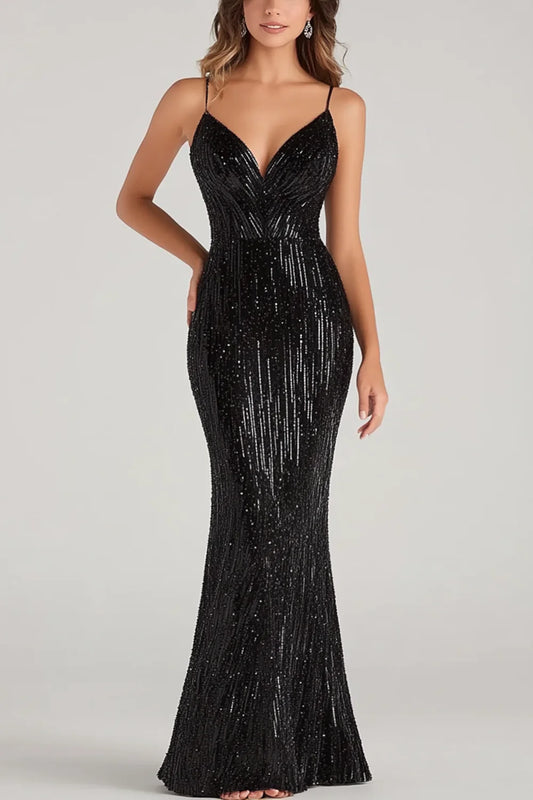 Black Mermaid Spaghetti Straps Long Formal Dress with Sequins