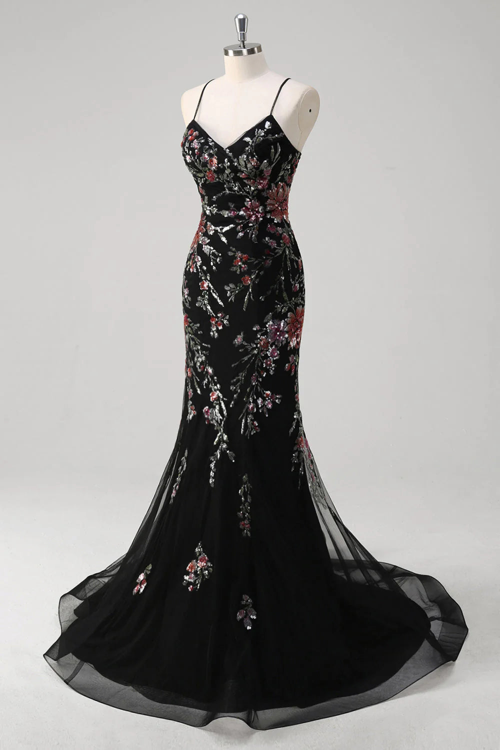 Black Mermaid Spaghetti Straps Long Prom Dress With Appliqued Sequins
