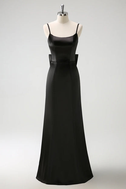 Black Mermaid Spaghetti Straps Long Ruffle Satin Bridesmaid Dress with Bow