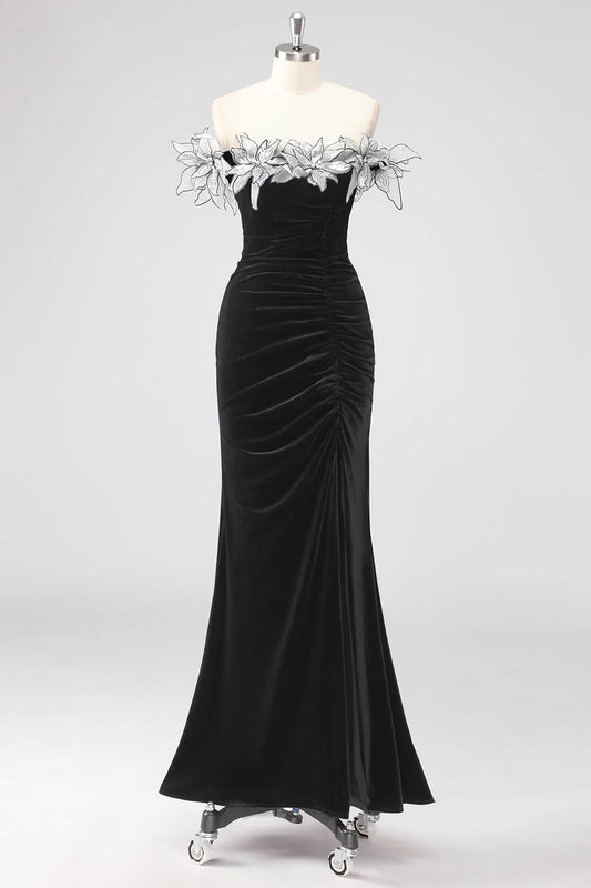 Black Mermaid Strapless Pleated Long Formal Dress With 3D Flowers