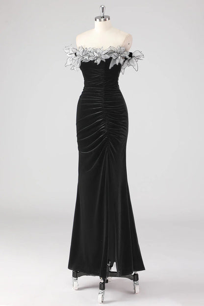 Black Mermaid Strapless Pleated Long Formal Dress With 3D Flowers