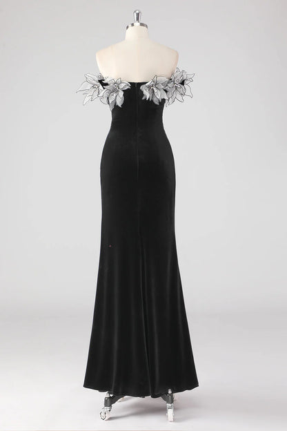 Black Mermaid Strapless Pleated Long Formal Dress With 3D Flowers