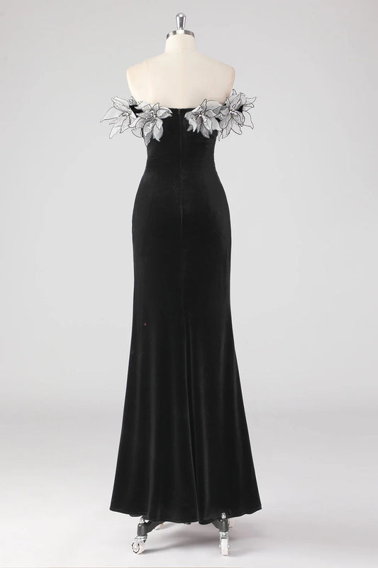 Black Mermaid Strapless Pleated Long Formal Dress With 3D Flowers