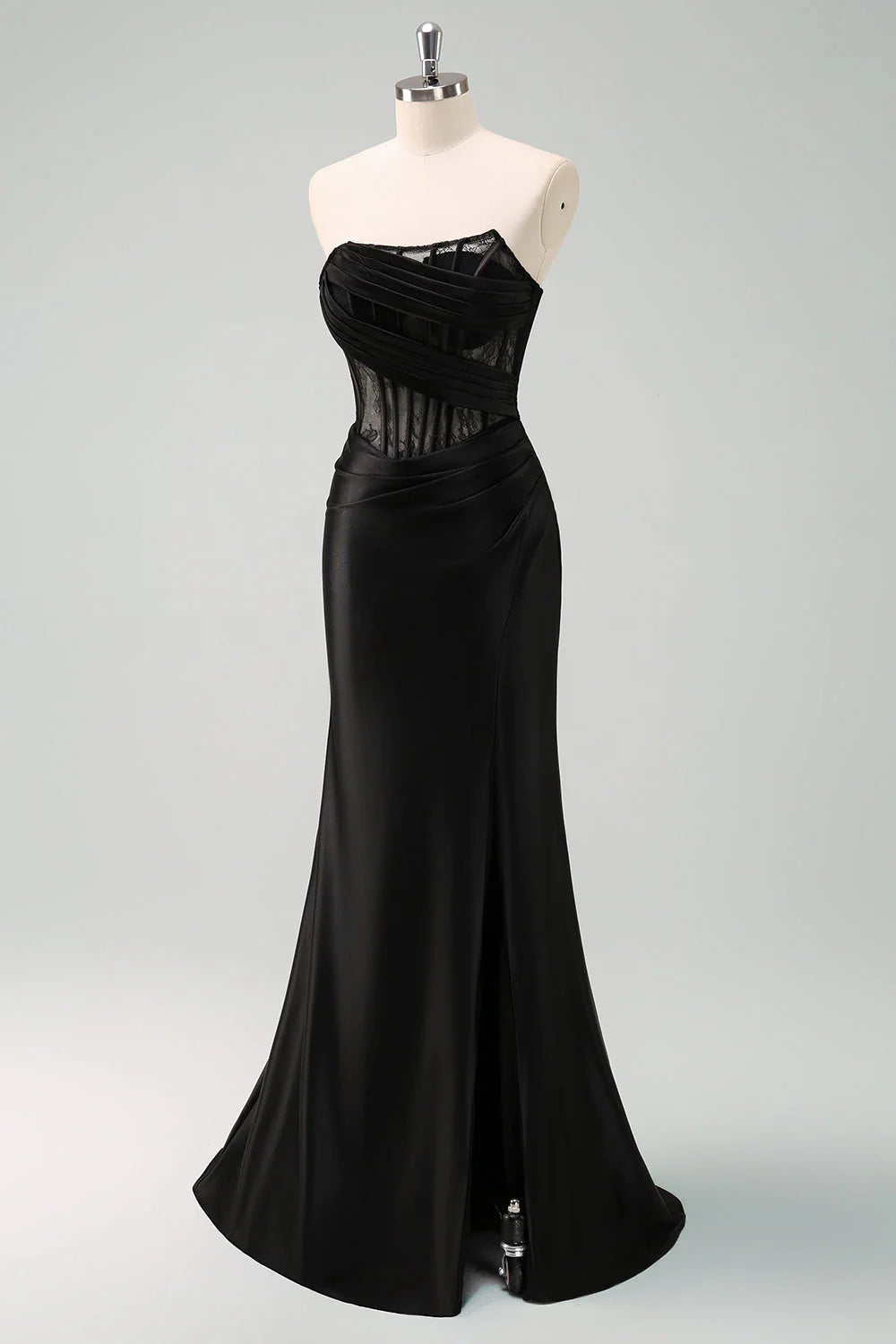 Black Mermaid Strapless Ruched Corset Long Prom Dress with Lace Up Back