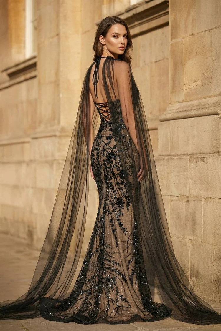 Black Nude Floral Sequin Mermaid Maxi Evening Dresses with Tulle Cape