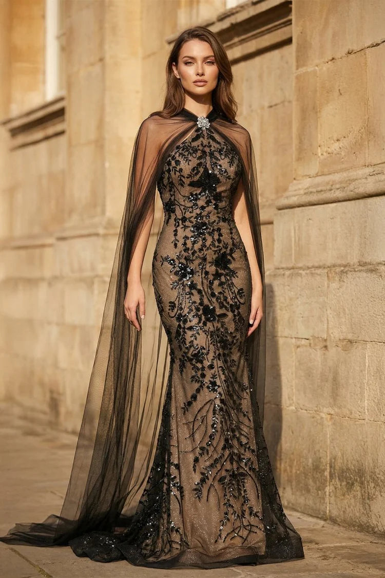Black Nude Floral Sequin Mermaid Maxi Evening Dresses with Tulle Cape