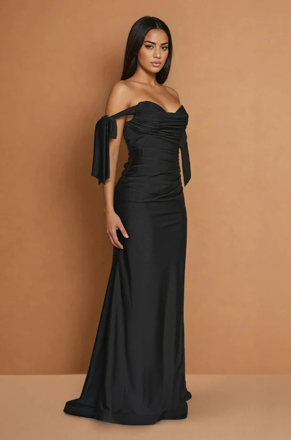 Black Off-Shoulder Bow Strap Ruched Mermaid Train Maxi Evening Dresses