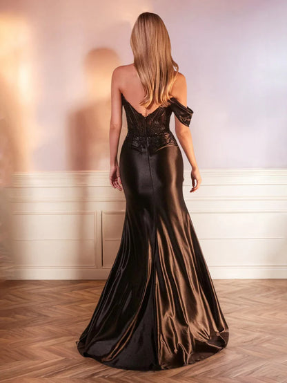 Black  Off - Shoulder Prom Dresses with Embroidered Bodice Trumpet/Mermaid Strapless Sequins High Splited  With Train