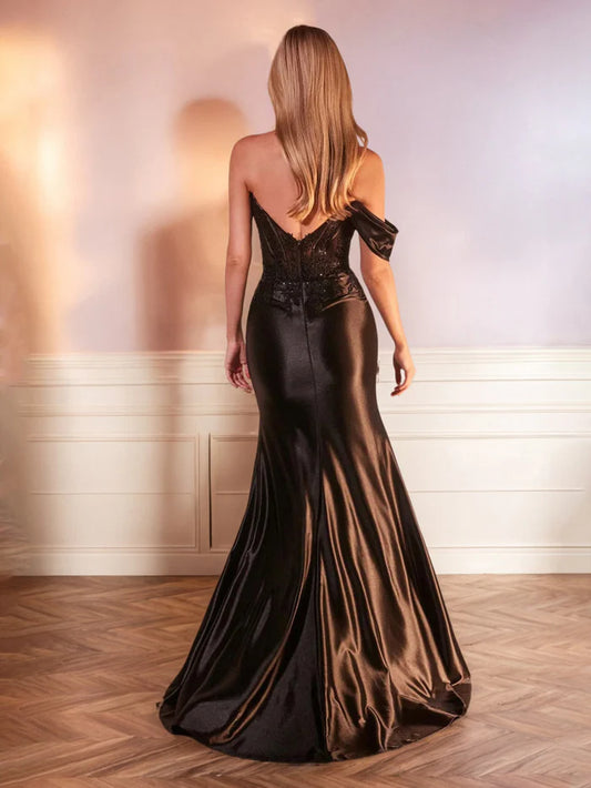 Black  Off - Shoulder Prom Dresses with Embroidered Bodice Trumpet/Mermaid Strapless Sequins High Splited  With Train