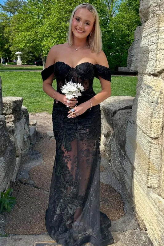 Black Off-Shoulder Sweetheart Appliques Mermaid Long Formal Prom Dress